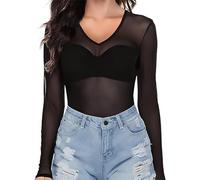 Ysabeloom Hauts transparents pour femmes à manches longues en maille transparente voir à travers chemisier, Taille XL