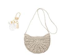 YSDYY 1 sac en paille à une épaule pour femme, sac à bandoulière de plage polyvalent pour l'été, sac de vacances décontracté avec pompon beige, 1 pendentif accessoire de plage