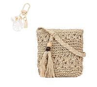YSDYY 1 sac femme en paille à une épaule, besace de plage all-match d'été, sac décontracté avec creux frangé beige, avec fermeture éclair, 1 pendentif accessoire coquillage de plage