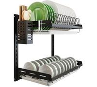 YSFMODE-Égouttoir Mural Pour Vaisselle,Support De Rangement Suspendu Au-Dessus De L’Évier,2 Niveaux,Porte-Bols Avec Bac D’Égouttag