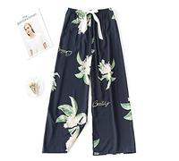 YSGE Bas De Pyjama Femme Ample,Bas De Pyjama Doux Et Confortable pour Femme Décontracté Fleurs De La Jungle Blanche Imprimé Feuilles Printemps Été Mince Pantalon De Sommeil Ample Taille Haute Pantal