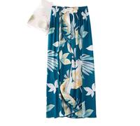 YSGE Pantalon Pyjama Femme,Bas De Pyjama Doux Et Confortable pour Femmes Décontracté Bleu Feuilles Imprimé Végétal Printemps Été Mince Lâche Pantalon De Nuit Extensible Taille Haute Jambe Large P