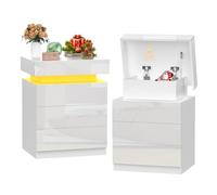 Ysgwsg Table de Nuit Lot de 2, Table de Chevet LED, 3 Tiroirs, Table de Chevet Blanc, Conception à Couvercle Rabattable, Table D'appoint, Moderne pour Chambre à Coucher ou Salon. (Blanc,45x35x61cm)