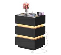 Ysgwsg Table de Nuit, Table de Chevet LED avec 3 Tiroirs, Table de Chevet avec Prise, 2 Prises CA, 2 Ports USB, Moderne, Table de Nuit Noir pour Chambre à Coucher ou Salon. (Noir, 62x35x45cm)