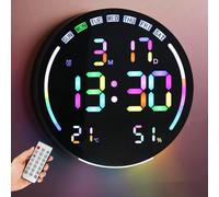 Ysislybin Horloge Murale Numérique LED Ronde 26CM Horloge Numérique Digitale avec Télécommande, Température, Humidité, Date, Alarmes, 12/24H, Luminosité Réglable pour Chambre et Salon