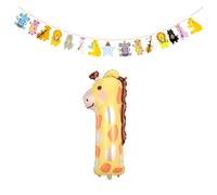 YSJCHEBS 1 Ballon Girafe Numéro 1, 1 Bannière d'animal De Dessin Animé, Ballon d'anniversaire pour Enfant, Ballon en Aluminium, Décoration De Jungle pour Chambre d'enfant.