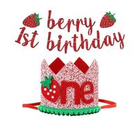 YSJCHEBS 1 Chapeau d'anniversaire Couronne De 1 an, 1 Drapeau d'anniversaire, Accessoires De Photographie De Fête, Décorations De Fraises Rouges, Décorations De Fête d'anniversaire pour Enfants