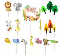 YSJCHEBS 1 ensemble de décorations pour gâteau d'anniversaire à thème animal de 1 an, décoration de gâteau d'anniversaire de 1 an, décoration de gâteau de jungle