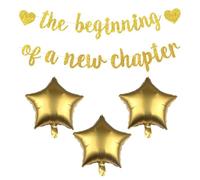 YSJCHEBS 1 Lot de Bannières De Nouveau Chapitre, 3 Ballons Étoiles Dorées, Bannière De Remise De Diplôme, Bannière De Félicitations, Décorations De Remise De Diplôme, Décorations De Félicitations.