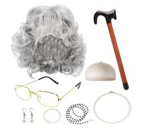 YSJCHEBS 1 Perruque, 1 Chapeau De Perruque, 1 Verres, 1 Bâton De Marche, 1 Bracelet, 1 Collier Et 1 Paire De Boucles d'oreilles, Accessoires De Costumes pour Vieilles Femmes, Accessoires De Mascarade