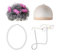 YSJCHEBS 1 Perruque, 1 Perruque, Un Chapeau en Filet, 1 Lunettes avec Chaîne, 1 Collier Et 4 Bigoudis, Un Ensemble De Costumes De Vieille Dame, des Accessoires De Cosplay