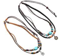 YSJCHEBS Collier De Perles Vintage 2Pcs, Collier Multicouche, Collier en Cuir PU, Collier Boho, Collier De Longueur Réglable, Accessoires Vestimentaires