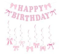 YSJCHEBS Drapeau À Tirer Joyeux Anniversaire 1 Pièce, Étiquettes À Nœud 7 Pièces, Décoration À Nœud Rose, Décoration De Fond De Fête d'anniversaire, Fournitures De Fête pour Filles