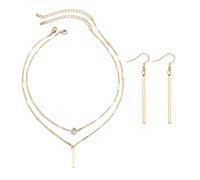 YSJCHEBS Lot De 2 Colliers Barre Goutte d'eau, 1 Paire De Boucles d'oreilles Barre, Colliers Multicouches pour Femme, Ensemble De Bijoux, Accessoires De Bijoux Pendentif, Collier Réglable