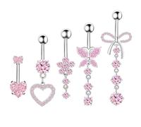 YSJCHEBS Pack De 5 Piercing De Nombril en Zirconium Rose, Barre D'Abdominoplastie Papillon, Anneau Suspendu, Ensemble De Piercing Abdominal