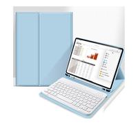 YSJX Étui en Cuir avec Clavier Blanc Amovible, Fin et léger, avec Porte-Stylo intégré, Compatible avec iPad Air 11 Pouces 2024(Bleu Ciel)
