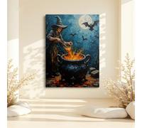 YSKPGBNM Décoration murale sur toile représentant une sorcière préparant des potions parmi des chauves-souris et la pleine lune (30 x 40 cm, avec cadre)