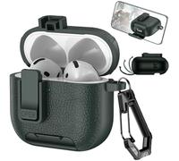 Ysnzaq Coque pour AirPods 4 2024 avec Support de Téléphone et Clip de Verrouillage de sécurité, Case Boîtier Simili Cuir avec Mousqueton Housse pour AirPods 4 Génération-PWZ Army Green