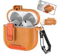 Ysnzaq Coque pour AirPods 4 2024 avec Support de Téléphone et Clip de Verrouillage de sécurité, Case Boîtier Simili Cuir avec Mousqueton Housse pour AirPods 4 Génération-PWZ Orange