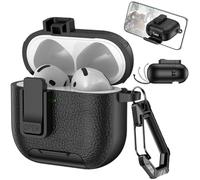 Ysnzaq Coque pour AirPods 4 2024 avec Support de Téléphone et Clip de Verrouillage de sécurité, Case Boîtier Simili Cuir avec Mousqueton Housse pour AirPods 4 Génération-PWZ Black