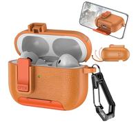 Ysnzaq Coque pour AirPods Pro 2 avec Support de Téléphone et Clip de Verrouillage de sécurité, Case Boîtier Simili Cuir avec Mousqueton Housse pour AirPods Pro 2 Génération-PWZ Orange