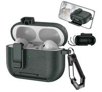 Ysnzaq Coque pour AirPods Pro 2 avec Support de Téléphone et Clip de Verrouillage de sécurité, Case Boîtier Simili Cuir avec Mousqueton Housse pour AirPods Pro 2 Génération-PWZ Army Green