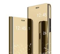 Ysnzaq Coque pour iPhone 14, Bookstyle Miroir Makeup Clear Smart View Étui à Rabat PC+PU Housse Antichoc Cover pour Apple 14 / iPhone 14 6.1 inch. Mirror Golden