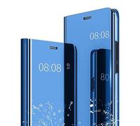 Ysnzaq Coque pour Samsung Galaxy A32 5G, Bookstyle Miroir Makeup Clear Smart View Étui à Rabat Housse Antichoc Protecteur Cover pour Samsung Galaxy A13 5G / Galaxy A32 5G / A04S. Mirror Blue
