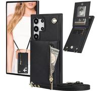 Ysnzaq Coque pour Samsung Galaxy S25 Ultra (Not S25) avec Cordon, Portefeuille Zippé avec [Béquille] [Porte-Cartes] Femme Portable Réglable Collier Housse pour Samsung S25 Ultra.XK Black