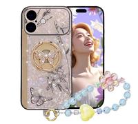 Ysnzaq Paillette Coque pour Apple iPhone 17, Bling Strass Design avec Papillon Anneau Béquille et Perles Bracelet Chain, Motif Marbre TPU Anti Chocs Étui pour iPhone 17-DLH Pink