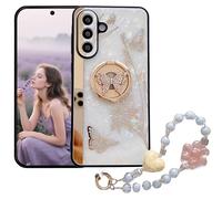 Ysnzaq Paillette Coque pour Samsung Galaxy A36 5G, Bling Strass Design avec Papillon Anneau Béquille et Perles Bracelet Chain, Motif Marbre TPU Anti Chocs Étui pour Samsung A36-DLH White
