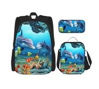YsoLda Ensemble de Sac à Dos, Sac d'école, Sac à Dos, Ensemble de 3 pièces avec Sac à déjeuner, Trousse à Crayons,Poissons de Corail des Fonds Marins Dauphins Imprimer Nuit étoilée