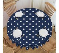 YsoLda Nappe Ronde, Nappe Lavable, Couverture de Table de 60 Pouces pour Pique-Nique Camping fête,Imprimé Pois Blancs Bleu Marine