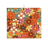 YsoLda Tapis de séchage de Cuisine, Tapis de Drainage de la Vaisselle, Support à Vaisselle Super Absorbant Rapide 41x46cm, imprimé Floral coloré rétro des années 70