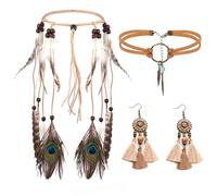 YSTJKD Lot de 3 bijoux en forme de tête d'indien, hippie, bohème, serre-tête, attrape-rêves, boucles d'oreilles, collier ras du cou en cuir pour costume hippie, vintage, bijoux de carnaval, /, Simili