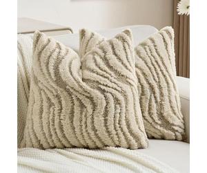 Ystyle Lot de 2 Housse de Coussin 45x45cm Peluche Douce, Taie d'oreiller Décorative Texture Ondulée 3D, Moderne Effet Fourrure pour Canapé Lit Salon, Lavable et Adapté aux Animaux, Kaki