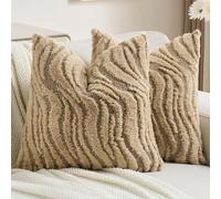 Ystyle Lot de 2 Housse de Coussin 60x60cm Peluche Douce, Taie d'oreiller Décorative Texture Ondulée 3D, Moderne Effet Fourrure pour Canapé Lit Salon, Lavable et Adapté aux Animaux, Marron Clair