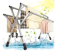 YSUEFIJO Etendoir a Linge Interieur Exterieur Retractable Pliant, Clothes Rack a Roulette Extensible, Sechoir a Linge Acier Inoxydable 5 Canne avec Crochets Coupe-Vent, étagère à Chaussures (240cm)