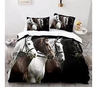 YSWFGE Parure de lit Enfant 2 Personnes Housse de Couette Cheval 220x240cm avec 2 taies d'oreiller 50x75cm Microfibre Blanc Noir Marron Cheval Animal Literie pour Adolescents,Garçons,Fille, Adultes