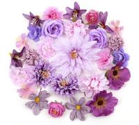 YSWOVUO 29 Pieces Têtes de Fleur Artificielle, 13 Espèces 4~13cm Fleurs Artificielles Deco, Fausse Fleur en Tissu pour DIY Scrapbooking Bouquet Artisanat Mariage Gâteau Fête Jardin, Violet