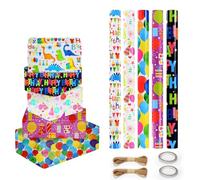 YSWOVUO 5 Rouleau Papier Cadeau Anniversaire, 300cmx43cm Papier Cadeau Enfant, Papier Cadeau Rouleau avec 2 Corde de Chanvre et 2 Rubans Adhésifs, Wrapping Paper per Anniversaire, Baby Shower, Fêtes