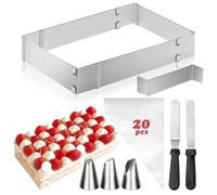 YSWOVUO Cadre Patisserie Rectangulaire Extensible, Cadre Patisserie en Acier Inoxydable, Moule Rectangulaire Patisserie avec 2 Spatule & Douille Patisserie pour Petits et Grands Gâteaux et Tartes