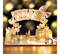YSWOVUO Carte Anniversaire 50 Ans Bois pour Hommes Femmes, Cadeaux d'Argent en Bois avec Chaîne Lumineuse LED, Félicitations