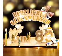 YSWOVUO Carte Anniversaire 80 Ans Bois pour Hommes Femmes, Cadeaux d'Argent en Bois avec Chaîne Lumineuse LED, Félicitations