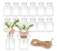 YSWOVUO Lot de 12 petits vases en verre de 125 ml avec 5 m de ficelle de jute de 10,3 cm de haut, pour décoration de table, maison, mariage, anniversaire, fête, passe au lave-vaisselle