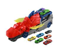 Ysyqkn Ensemble de 3 Camions de Transport de Dinosaures avec Lanceur, et Gueule Mobiles, Idéal pour Les Enfants (garçons et Filles), Rouge avec 6 Voitures