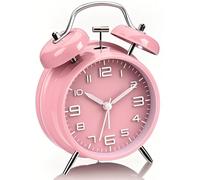 YsyYey Réveil rose à double cloche, extra fort pour les dormeurs lourds, pas de tic-tac, fonctionne à piles avec veilleuse, horloge de chevet vintage en métal pour filles, adolescentes et femmes