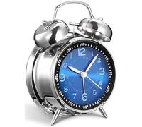 YsyYey Réveil vintage à deux cloches pour les gros dormeurs, finition métallique bleu bijou, silencieux, sans tic-tac, fonctionne à piles, décoration de chambre rétro