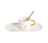 YT-KOKE Deer Pattern Espresso Cup and Saucer Set Coffee Cup with Spoon Demitasse Cup 8.5 Ounce for Cappuccino, Latte, Cafe Mocha, Tea Cups (White)