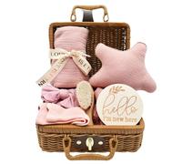 YTACREA 7 Pièces Cadeau Naissance Fille Garcon, Bebe Coffret Naissance, Cadeau Baby Shower Avec Couverture, Serre-Tête, Brosse, Chaussettes, Carte Etape Bebe, Paniers Cadeaux (Rose)